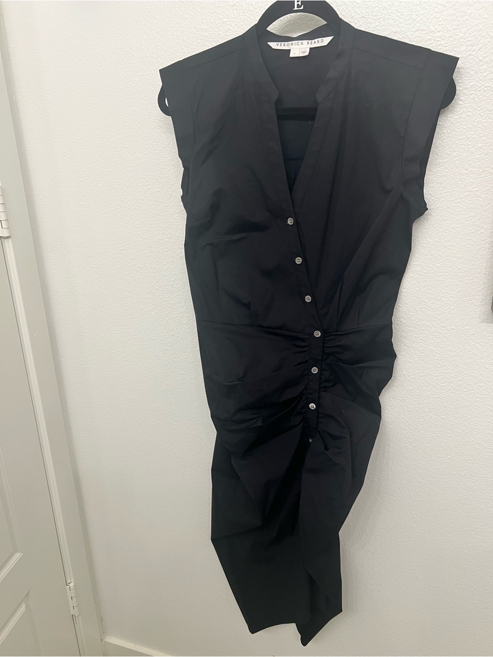 Veronica Beard Black Sleeveless Ruched Button-Front Midi Dress